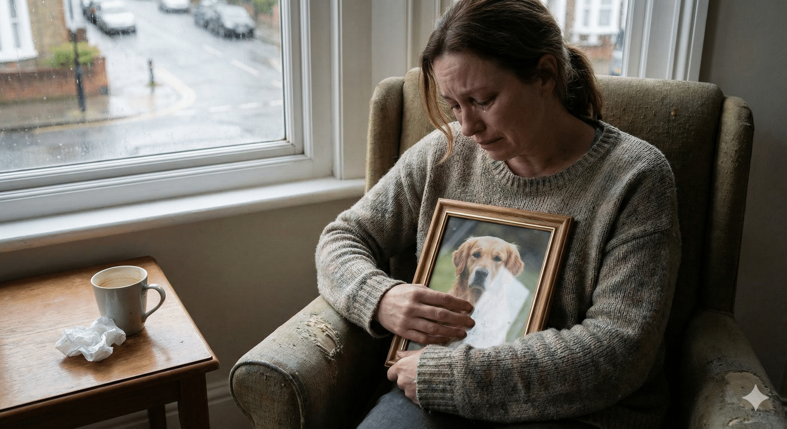 Person grieving the loss of their beloved pet, sitting quietly in reflection